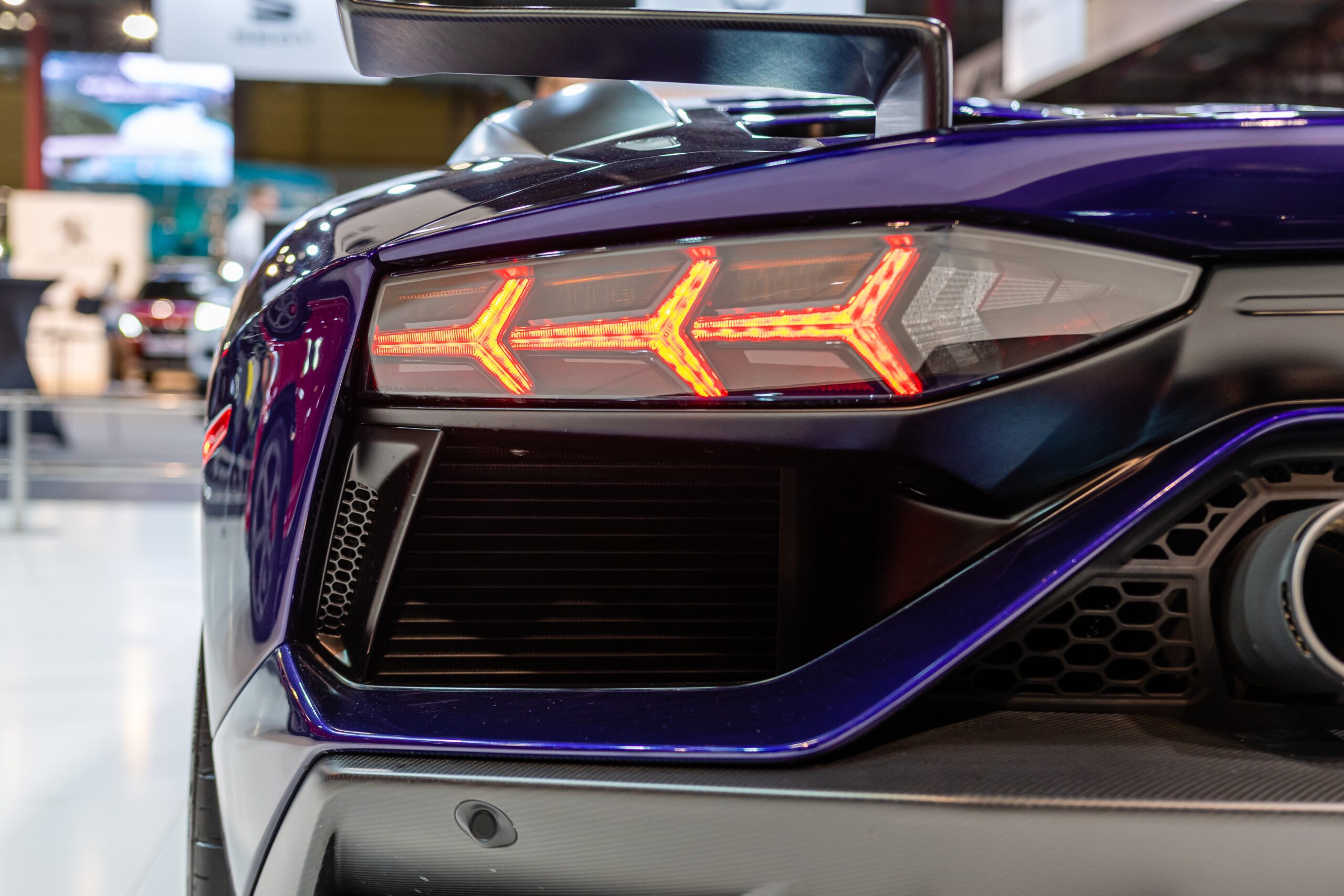 Riga, Latvia - April 12, 2019: Close-up of a luxury sports car  Lamborghini Aventador rear element - image